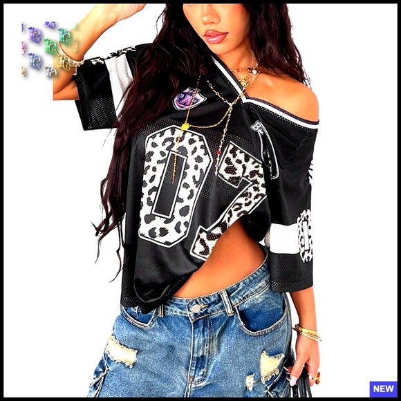 Tops - Y2K Leopard Graphic Oversized Football Jersey Top Streetwear T-Shirt